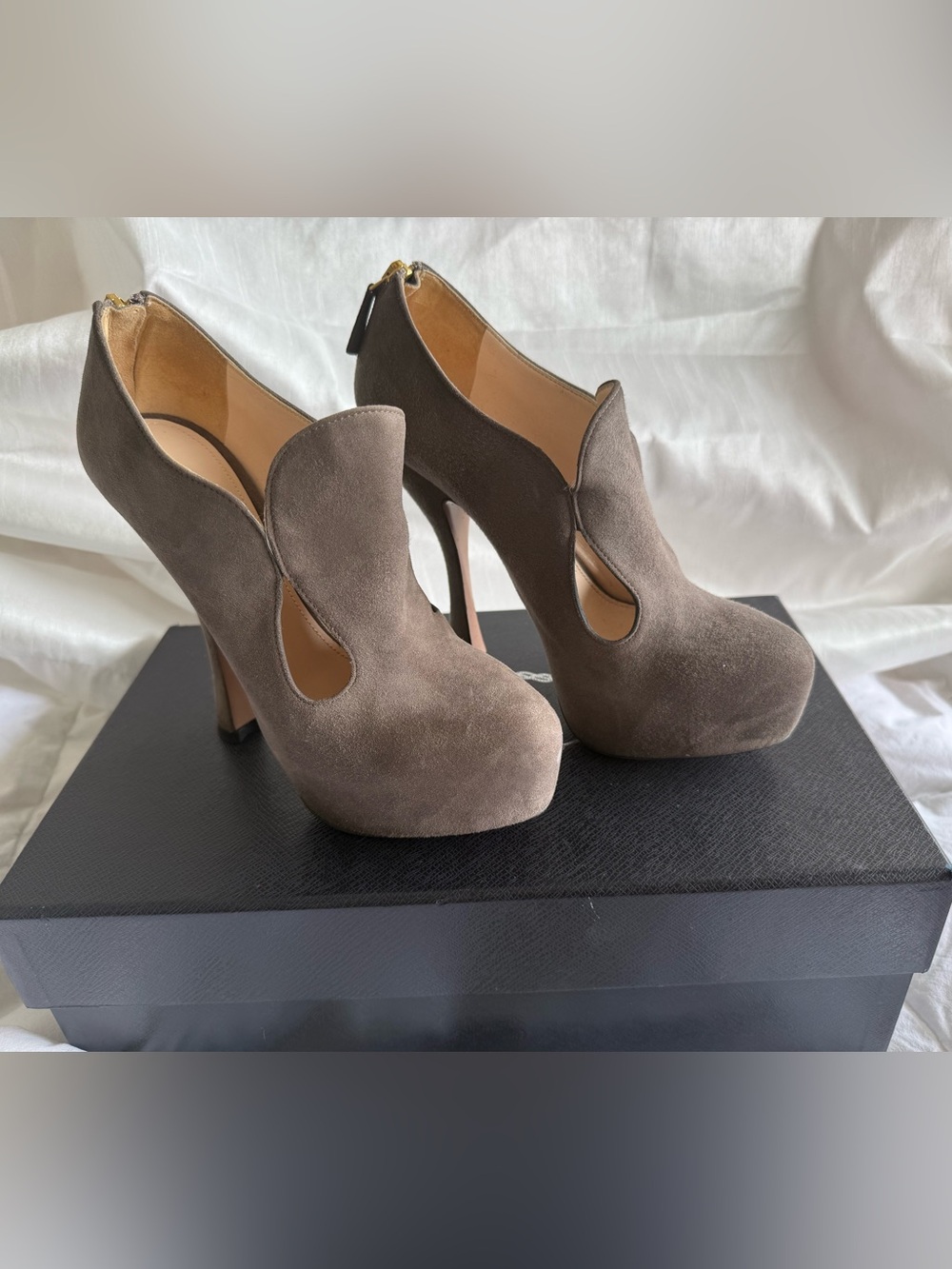 Prada Taupe Suede Cutout Heels with Back Zip